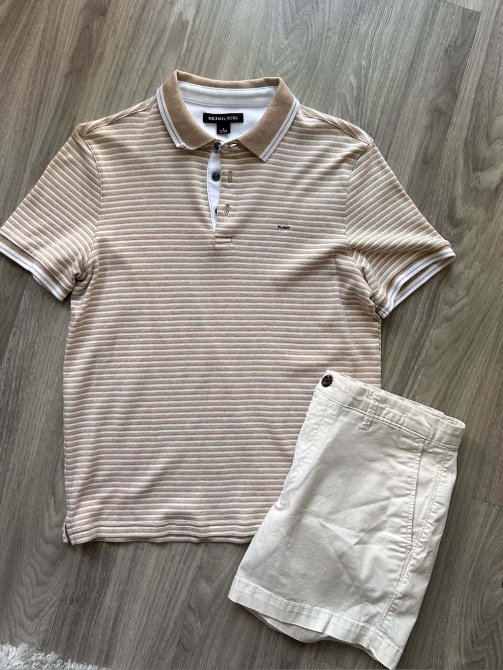Michael Kors | Beige and White Striped Henley Polo (Small)